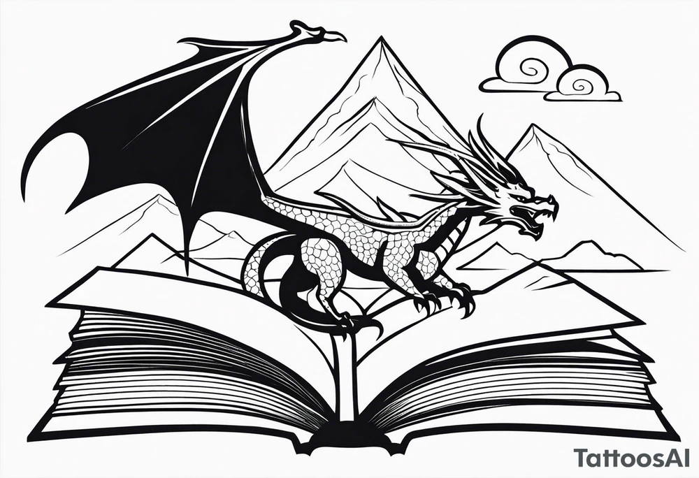 an open fairy book. a dragon with scales and four legs flying in the sky. three mountain peaks tattoo idea