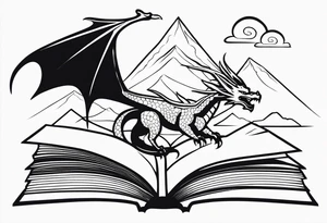 an open fairy book. a dragon with scales and four legs flying in the sky. three mountain peaks tattoo idea