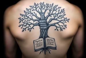 Majestic tree of knowledge with books connected as roots stacked up and an open journal with beautiful cursive writing at the base with a fountain pen tattoo idea