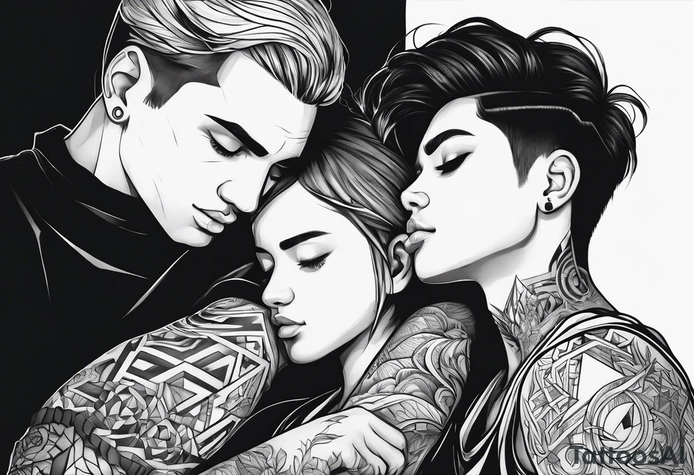 A boy laying his head on gods shoulder tattoo idea