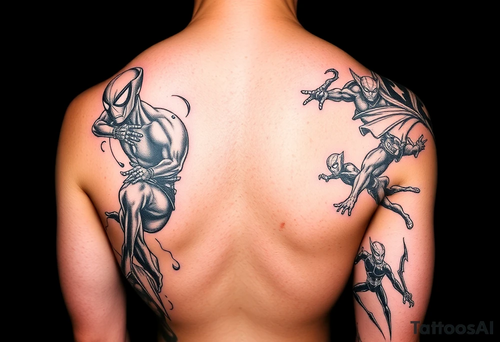 I want to get sleeves, but my arms are smaller. I want my left sleeve to be marvel, comic villains, and I want my right sleeve to be marvel comic heroes. I would like as many characters as possible on my sleeves and they can be separated with things like webbing, infinity, saga related, cosmic, lightning, or cityscapes I would like my characters to be less of the mainstream characters in the Marvel, cinematic universe, and more characters from stories throughout marvels history.  Andi want these to be arms sleeves not a back tattoo tattoo idea