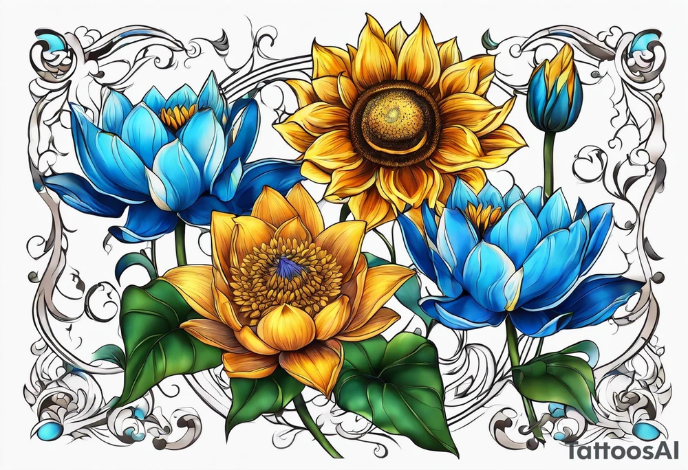 Blue lotus, sunflower, and fire lily flowers representing the holy trinity tattoo idea