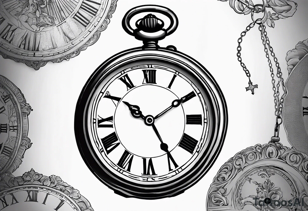 An old pocket watch with Chain and Roman numerals showing the time seven minutes past half two. The lid of the watch must have the zodiac sign Aries engraved on it tattoo idea