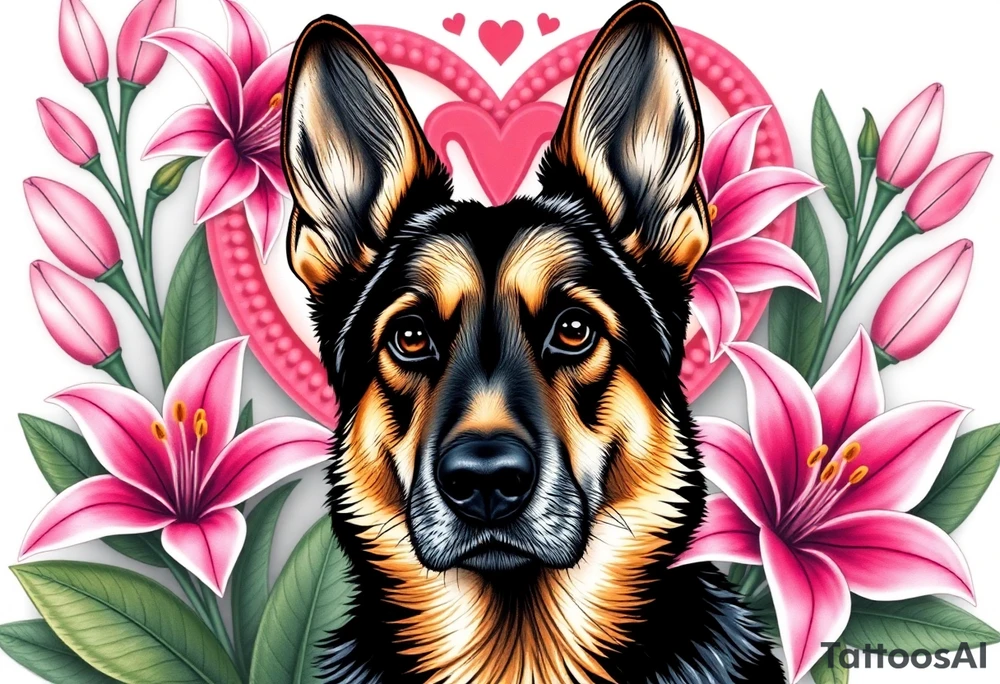 realistic german shepherd with alert ears looking protective surrounded by pink lilies with large leaves in front of a sacred heart tattoo idea