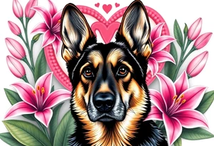 realistic german shepherd with alert ears looking protective surrounded by pink lilies with large leaves in front of a sacred heart tattoo idea