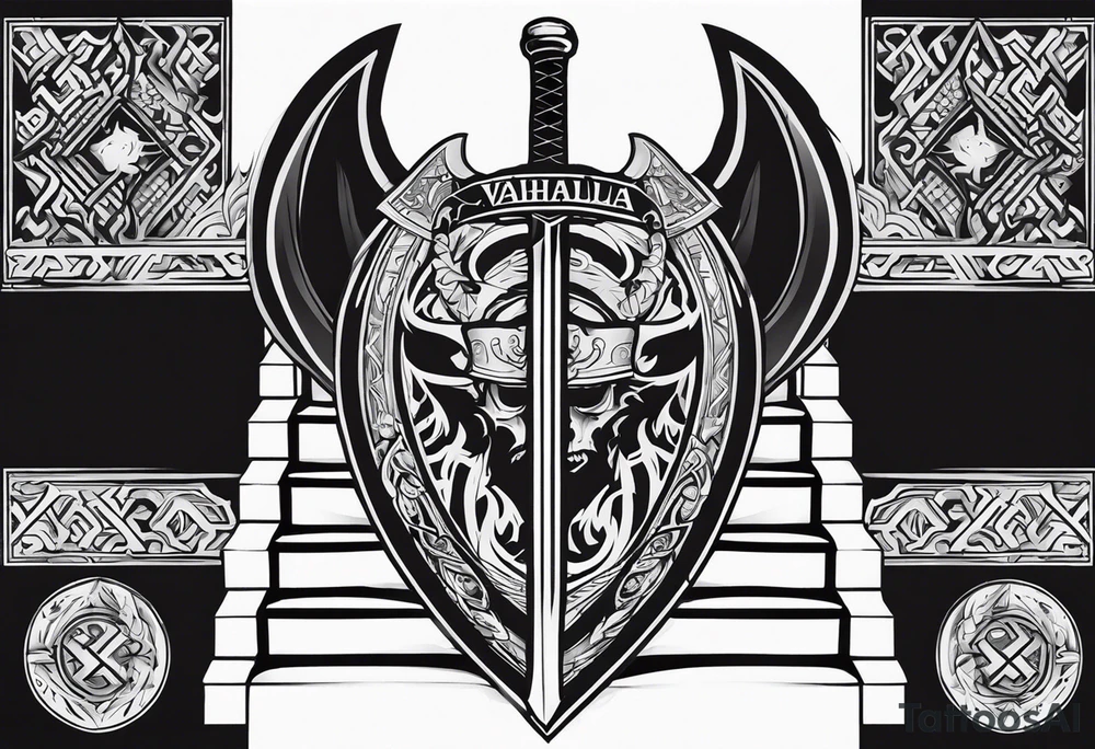 Valhalla shield sword axe stairs tattoo idea