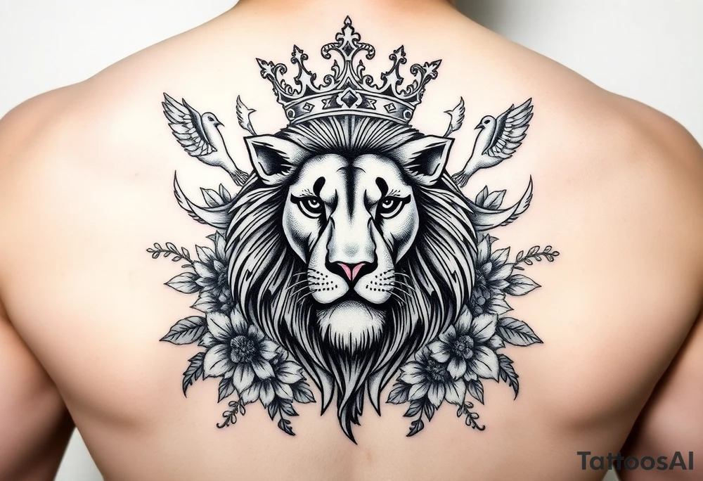 powerful majestic lion with a crown, surrounded by floral ornaments and birds tattoo idea