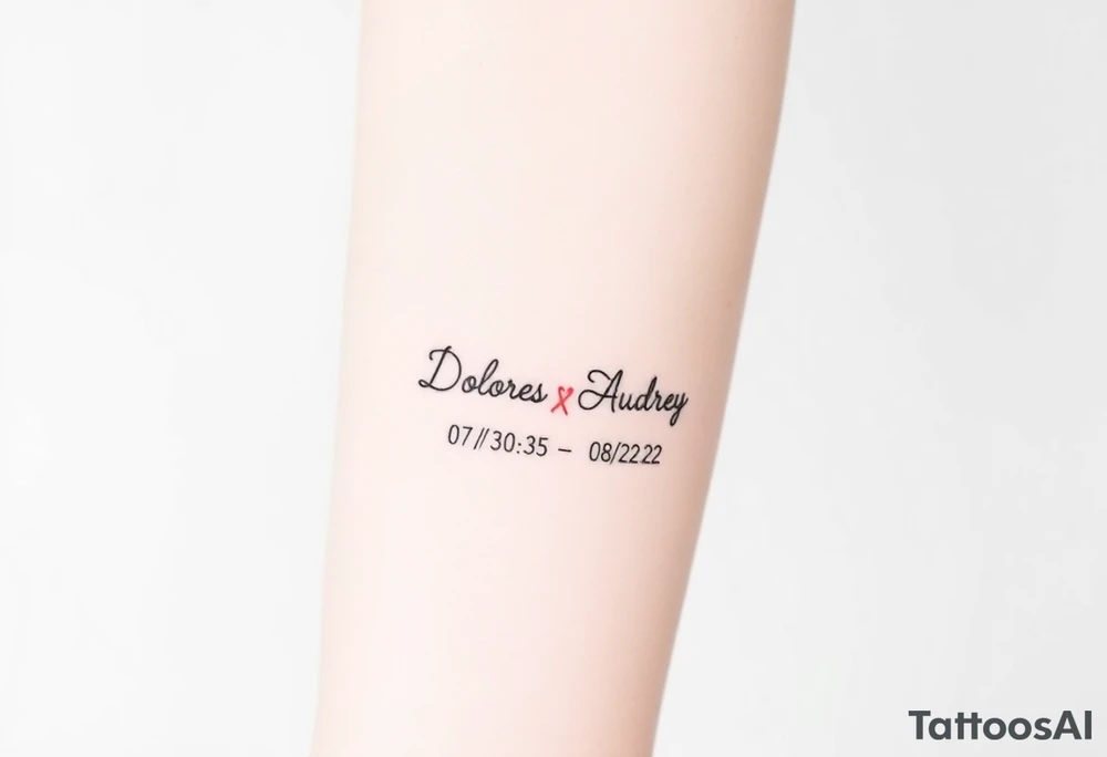 Memorial tattoo
Dolores 08/30/33-01/30-22
Audrey 07/18/35-08/21/22 tattoo idea