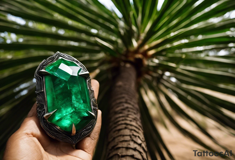 Tattoo: A striking Gachala emerald sits at the base of a tall quindio wax palm, which grows resiliently from cracks in rugged, rocky soil. The emerald is the main focal point, symbolizing strength and endurance, while the wax palm, rooted in the soil’s crevices, represents growth and resilience. A small water stream flows gently from the rocks, adding an element of life and nourishment tattoo idea