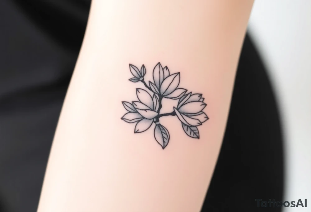 Branch with few magnolia flowers, in different blossom stages with botanical details tattoo idea