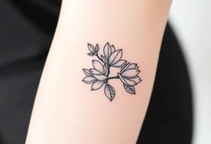 Branch with few magnolia flowers, in different blossom stages with botanical details tattoo idea