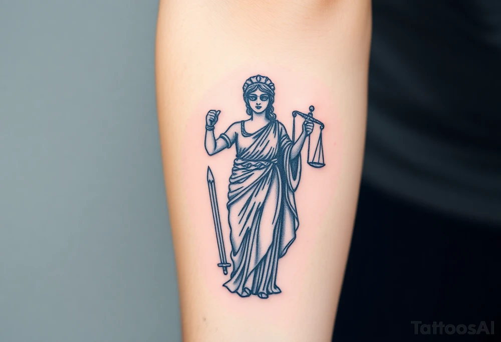 Lady Justice tattoo, holding sword at her side, roman robe, cape, powerful, with blindfold tattoo idea