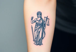 Lady Justice tattoo, holding sword at her side, roman robe, cape, powerful, with blindfold tattoo idea