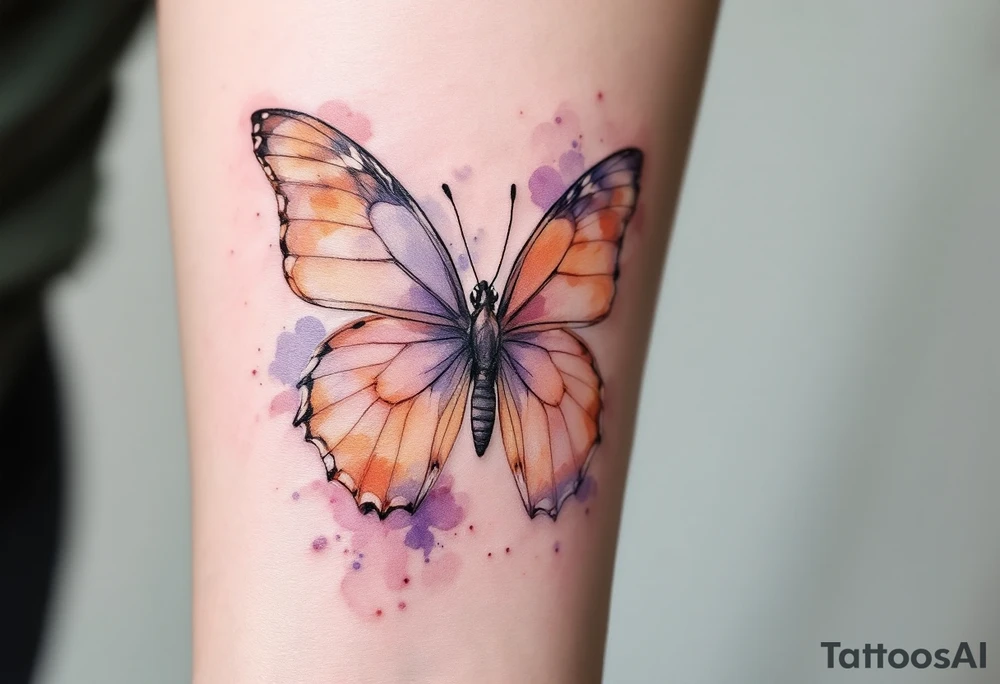 Janička framed by a soft watercolor butterfly, in shades of peach and lavender. tattoo idea