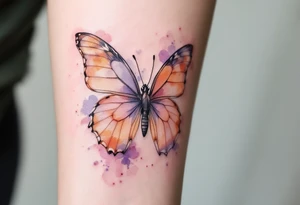 Janička framed by a soft watercolor butterfly, in shades of peach and lavender. tattoo idea