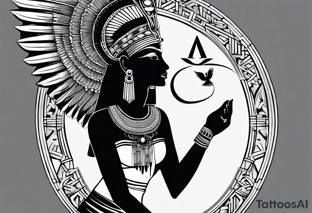 black and white Egyptian goddess Isis, who is often depicted as a woman with outstretched wings, holding an ankh (a symbol of life) in one hand and a lotus flower in the other. Her headdress often includes a throne or a solar disk. The tattoo design can vary in style and size, but it typically aims to capture the essence of this revered Egyptian deity, emphasizing her beauty, power, and maternal qualities. The choice of colors and additional elements can also be customized to create a unique and visually striking representation of the goddess Isis tattoo idea