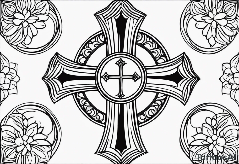 Tattoo: A refined cross with a soft halo on top of it, symbolizing light and spirituality. Delicate rays extend outward from the halo, adding a subtle glow and depth. The cross itself is simple and elegant, with potential for small, intricate line details within the design. tattoo idea