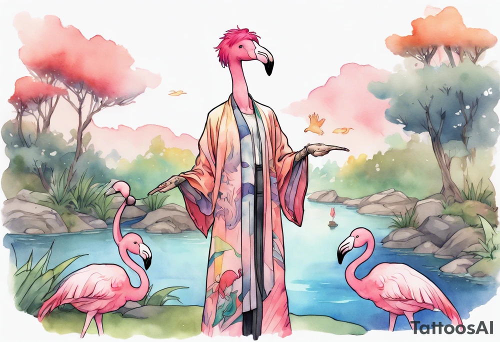 a smiling nonbinary person with pink hair wearing a rainbow medieval robe standing next to a single flamingo near a pond tattoo idea