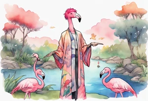 a smiling nonbinary person with pink hair wearing a rainbow medieval robe standing next to a single flamingo near a pond tattoo idea