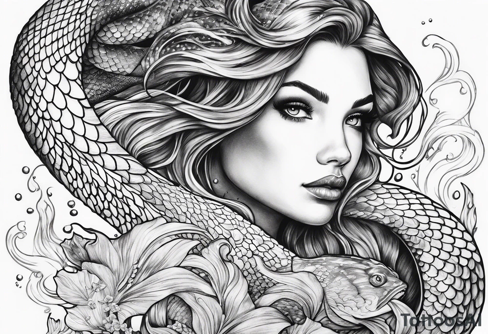 underwater, flowing serpent tail mermaid tattoo idea