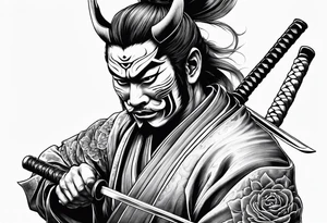 samurai with a hannya mask that covers half of his face who is in a slightly tilted posture holding a katana with both hands tattoo idea