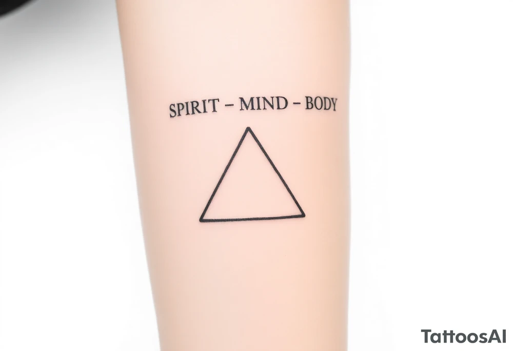 A minimalist tattoo of three interlocking triangles arranged in a way that forms a geometric symbol. Each triangle is thinly outlined and overlaps slightly. Above the design, the words 'SPIRIT,' 'MIND,' and 'BODY' are written in simple font, representing the connection between these three concepts. The tattoo is located on the inner forearm and is drawn in black ink on a light skin tone background. Without text! tattoo idea