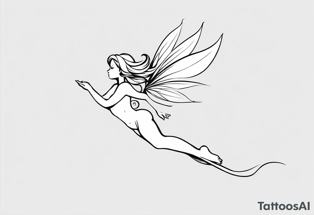 Minimalistic, monochromatic fairy with a tail flying to the left in a fetal position, leaning and looking in the same direction, with visible hands, embodying the 'Fairy Tail' logo aesthetic. tattoo idea