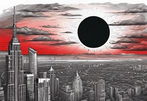 black solar eclipse with red light shining behind it, dark fantasy landscape/city tattoo idea