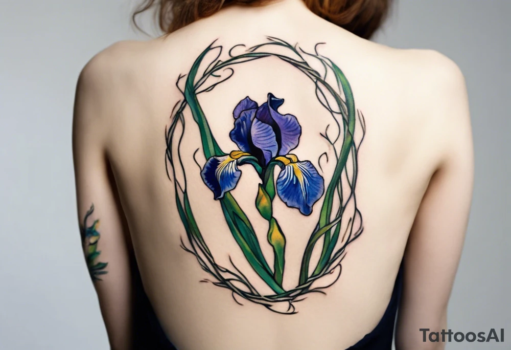 Create a small Vincent van Gogh Irises tattoo, with vines gracefully intertwining at a central point in the middle of the wreath.  The intended placement is on the upper chest. The overall design should be small in size while maintaining a delicate and artistic aesthetic. Pay attention to the graceful flow of the vines and the placement of the irises to achieve a refined and elegant look. tattoo idea