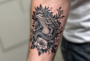 powerful majestic reptile, surrounded by floral ornaments tattoo idea
