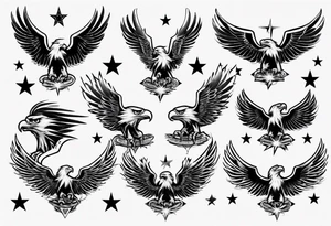 eagle taking flight, surrounded by four stars tattoo idea