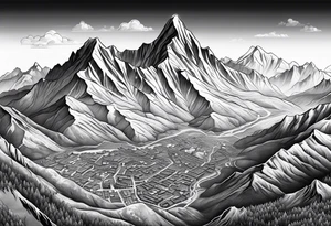 Black topographic map of a mountain village in the French Alpes tattoo idea