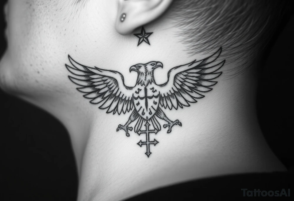 Double-headed eagle outline only (no shading) — suits neck skin which ages differently
Star above, small orthodox cross below tattoo idea