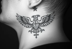 Double-headed eagle outline only (no shading) — suits neck skin which ages differently
Star above, small orthodox cross below tattoo idea