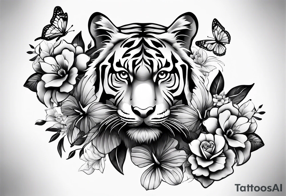 tiger, 3 butterflies, flowers for ladies thigh / hip shaded tattoo idea