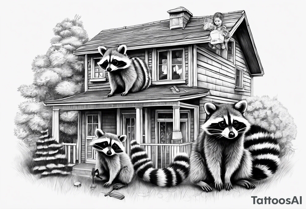 Raccoon Family in Front of her New house.
The Husband hast Tools in His Hands.
The wife holds a cake.
The Childs plays with a ball tattoo idea