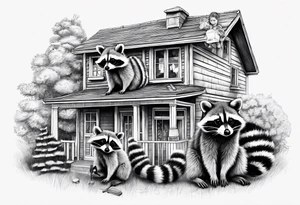 Raccoon Family in Front of her New house.
The Husband hast Tools in His Hands.
The wife holds a cake.
The Childs plays with a ball tattoo idea