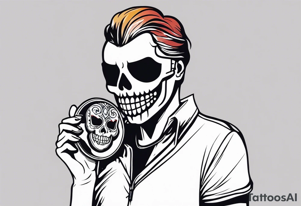 A skeleton removes a masquerade mask from its face tattoo idea