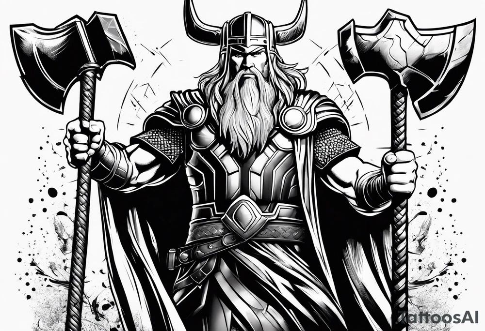 Thor mit Hammer in der Hand kämpft gegen riesige Schange tattoo idea