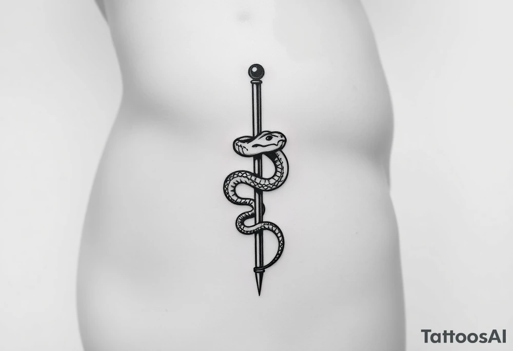 Snake tatto graphic on the hip. Positioned on the hip bone and lower closer to lady parts and leg. Snake symbolically wrapped over the pole (pole dance one). Minimalistic graphic style. Only snake and pole. Positioned horizontally, Pole vertically (not just Pole but a special pole for pole dance, but not to much details). On hip bone. Placed horizontally from the hip bone to pelvic. On the front of the hip. Lower belly tattoo idea