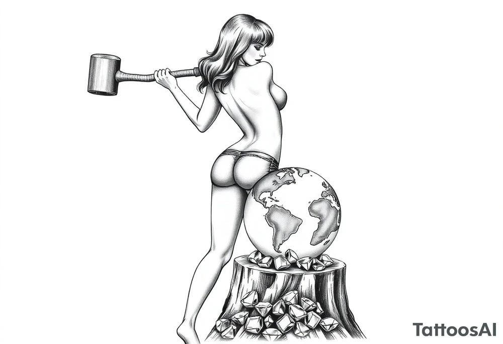 pin up girl in very short shorts swinging a very large headed mallet onto a small version of the earth globe, the earth glove is on top of a tree stump, the earth globe is in contact with the  mallet and being compressed by the mallet, and at the base of the stump is a pile of diamonds. Her short shorts are not covering her butt all the way. She is facing me with her breast bare and out. tattoo idea