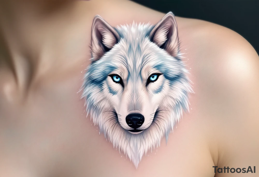 Snow wolf head with icy blue eyes and frosted fur tips. Color scheme: pale gray, cool white, and hints of ice blue on fur edges and gaze. tattoo idea