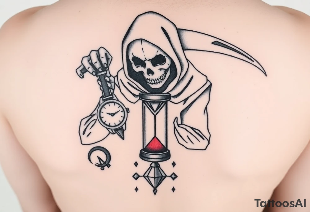 Simple grim reaper looking at a watch on his wrist with a hourglass with red sand and diamond geometric shapes for the thigh tattoo idea