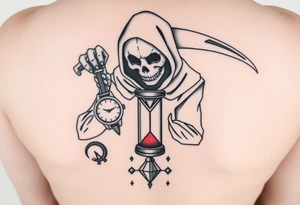 Simple grim reaper looking at a watch on his wrist with a hourglass with red sand and diamond geometric shapes for the thigh tattoo idea