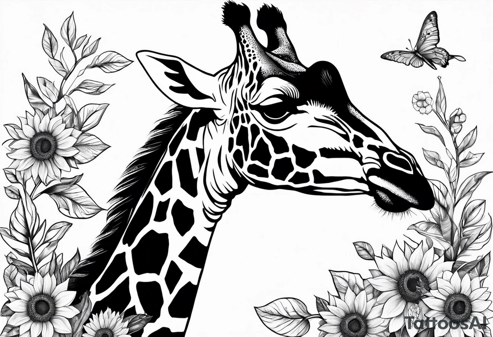 giraffe with sunflower and leafs tattoo idea