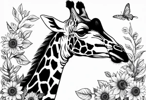 giraffe with sunflower and leafs tattoo idea