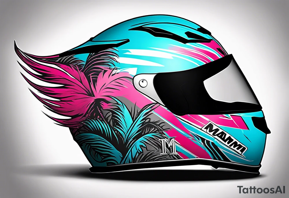 Formula 1 helment with miami name a palm tree and light blue black and pink colors tattoo idea