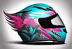 Formula 1 helment with miami name a palm tree and light blue black and pink colors tattoo idea