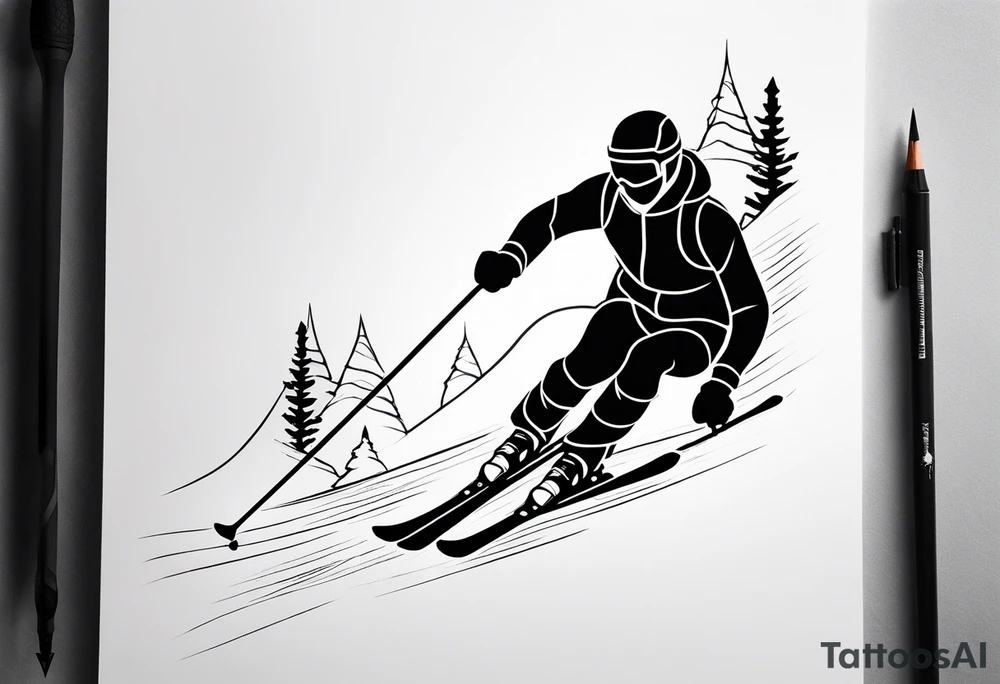 minimalist tattoo of a snow skier sking through trees showing ski trail tattoo idea