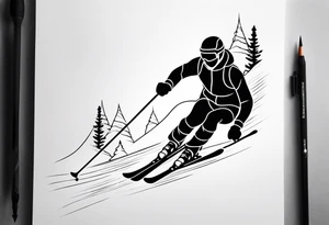 minimalist tattoo of a snow skier sking through trees showing ski trail tattoo idea